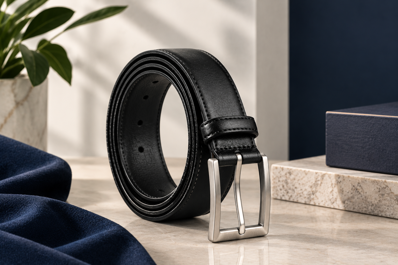 Men's Classic Black Dress Belt with Brushed Silver Buckle