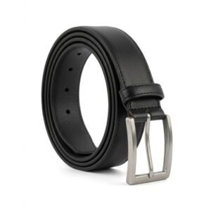 Men's Classic Black Dress Belt with Brushed Silver Buckle