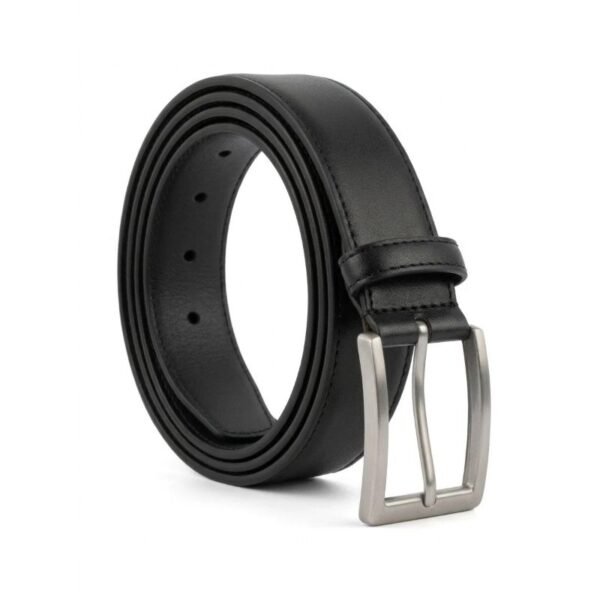 Men's Classic Black Dress Belt with Brushed Silver Buckle